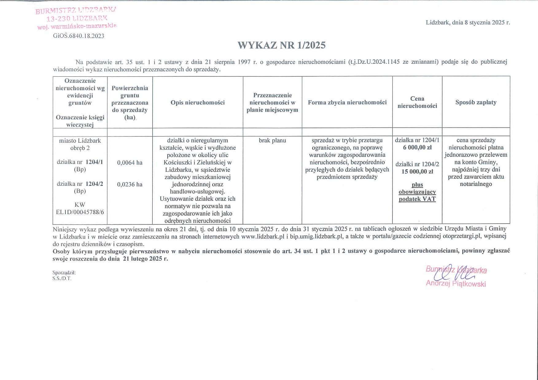 Wykaz Nr 1/2025 - Nieruchomości gruntowe do sprzedaży przy ulicy Kościuszki